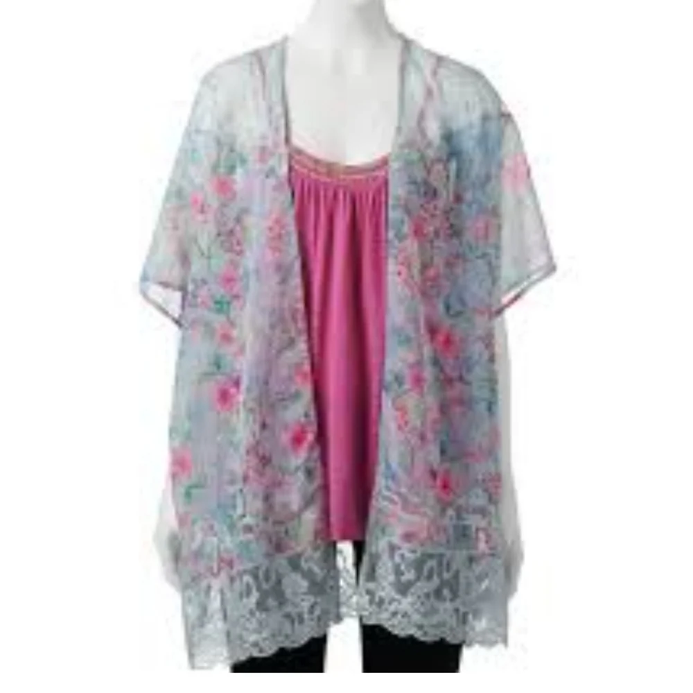 Candie's floral lace sheer  panel kimono  swim cover up duster